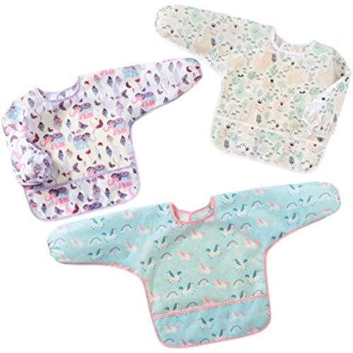 3-Pack Baby Long Sleeve Waterproof Bib Full Coverage Apron Bib Smock Toddler Bibs with Pocket 6-30 Months