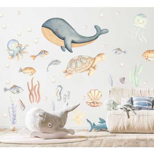 Wall Decal Ocean Kids - Nursery Decal Removable - Nautical Wall Stickers Children Room - Under the Sea Decals Boy Girl, Nursery Decor Whale
