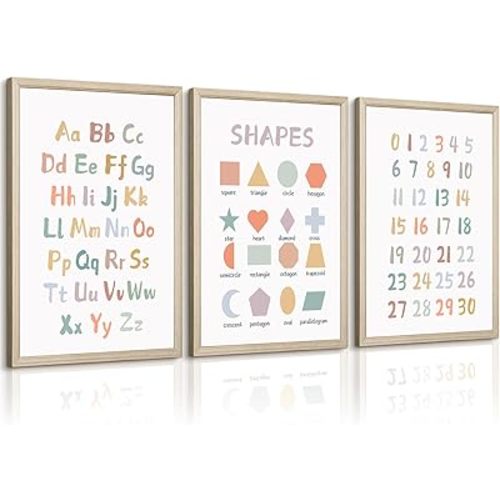 Kids Playroom Wall Art Decor Nursery ABC Alphabet Poster Play Room Canvas Wall Decor Toddler Childrens Educational Artwork Numbers Shapes Prints ABC Picture for Playroom 16x24 Inch Framed Set of 3