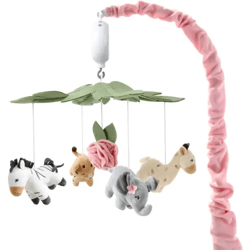 The Peanutshell Crib Mobile for Girls, Musical Baby Mobiles, Safari Nursery Decor, Elephant, Giraffe, Zebra, Flower Hanging Crib Toys
