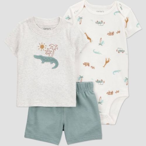 Carter's Just One You® Baby Boys' 3pc Safari Top & Bottom Set - Green 9M: Dinosaur Pattern, 3-Piece Infant Outfit, Cotton Blend
