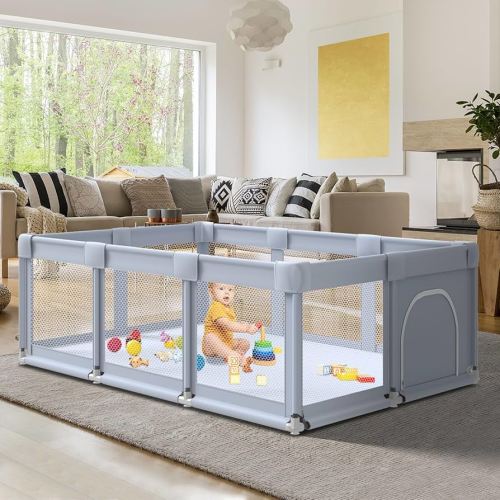 74" ×50" Large Baby Playpen, Baby Playard for Babies and Toddlers, Baby Fence Play Pens for Indoor & Outdoor, Sturdy Safety Play Yard with Soft Breathable Mesh, Anti-Fall, Grey