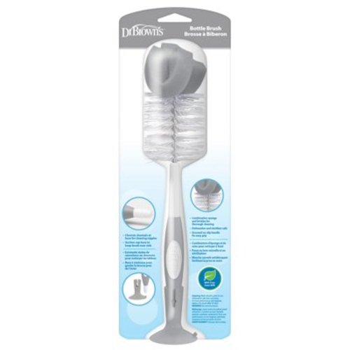 Dr. Brown's Baby Bottle Cleaning Brush, Bristle/Sponge Scrubber, Nipple Cleaner, Suction Cup Stand, Gray, 1 Pack