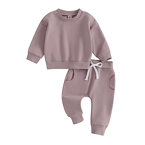 Fernvia Toddler Baby Girl Clothes 3 6 9 12 18 24 Months Fall Outfits Solid Long Sleeve Sweatshirt Tops + Pants Set