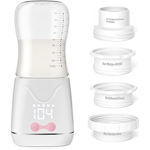 Portable Bottle Warmer, w-maxa Fast Baby Bottle Warmer for Travel with Glass Bottle & 4 Adapters, Rechargeable Bottle Warmer On The Go with Precise Temperature Control for Breastmilk, Formula