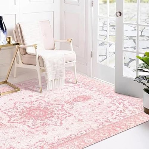 Washable Area Rugs - Honeycomb Non Slip 3x5 Entryway Rug Floral Pink Rug Soft Foldable Bedroom Rug for Kitchen Nursery Room Dorm Kids Playroom