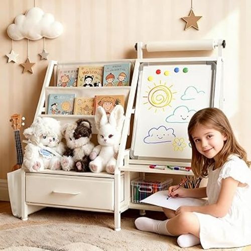 4-in-1 Art Easel for Toddlers with Bookshelf and Toy Organizer, Kids Drawing Easel with Paper Roll & Magnetic Whiteboard, Birthday Gift for Ages 2–8, Boys & Girls