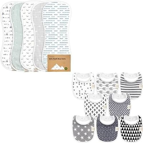 KeaBabies 5-Pack Muslin Baby Burp Cloths and 8-Pack Organic Baby Bibs for Girls & Boys - Organic White Bamboo Cotton Burp Cloth - Teething Baby Bibs for Boy, Girl