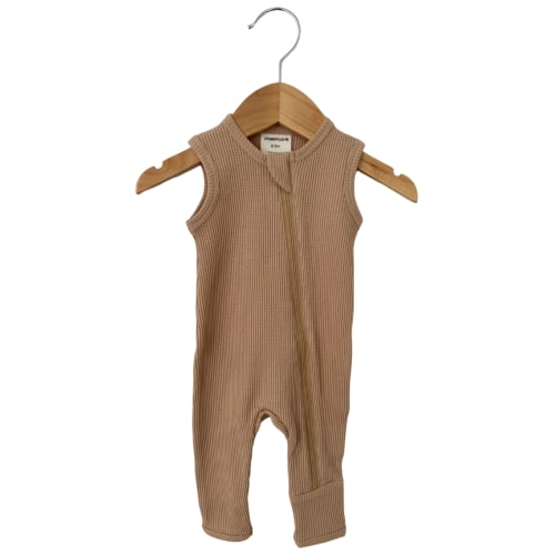 Organic Waffle Sleeveless Zip Romper, Tan