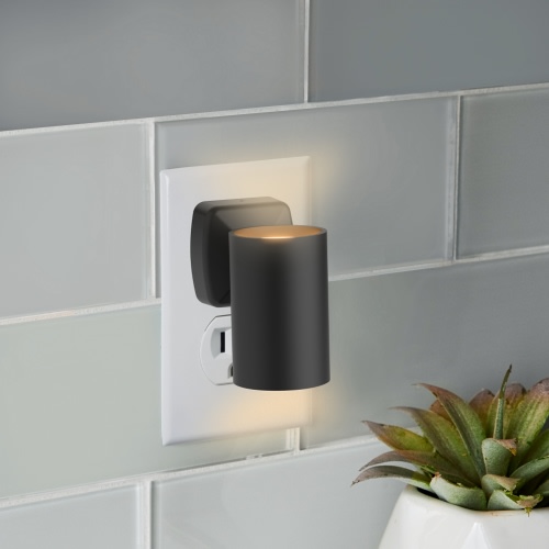 BH&G 2.87" Black Cylinder LED Night Light, Soft White, Dusk to Dawn Sensing, High-Low Mode Switch Select