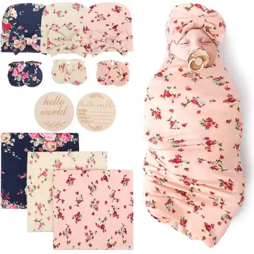 DRESHOW BQUBO Floral Swaddles for Baby Girl Newborn Receiving Blanket with Bow Hat Mittens Wooden Birth Announcement Card Set Baby Floral Print Swaddle Nursery Swaddle Wrap