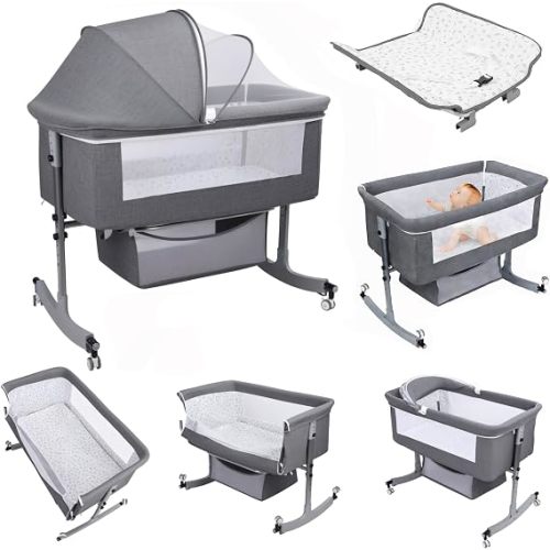 Bedside Bassinet Baby Crib, Baby Bassinets Bedside Sleeper with Large Curvature Cradle, Height Adjustable, Movable Bedside Crib with Mosquito Net and Wheels, Load-Bearing 22.04 Pounds 1 Set