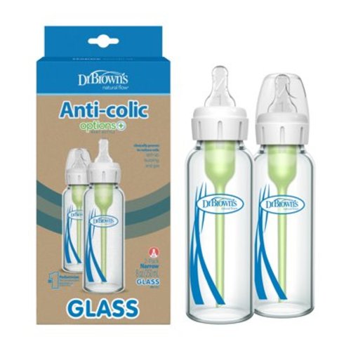 Dr. Brown's Natural Anti-Colic Glass Baby Bottle, 2 Pack, 8 oz with Slow Flow Nipple, 0m+