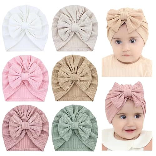 Cinaci 6 Pack Soft Turban Hats with Bow Donut Nursery Hospital Caps Beanies Bonnets for Baby Girls Newborns Infants Toddlers