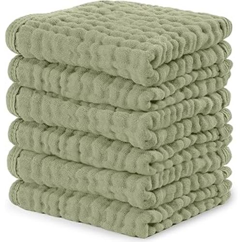 Comfy Cubs Muslin Baby Washcloths 6 Pack - Soft 6-Layer Cotton Wash Cloths for Sensitive Skin - 10"x10" Large, Gentle, Absorbent Infant Essentials for Newborn and Toddlers - Sage