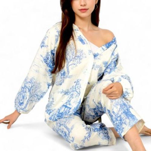 Anna-Kaci Lounge Women's Two-Piece Printed Lounge Set with Button-Up Top and Elastic Waist Pants - Small, Beige