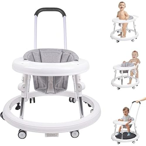 Baby Walker with Wheels, 3 in 1 Activity Center with Mute Wheels Anti-Rollover, 9-Gear Height Adjustable Foldable Baby Walker for Boys and Girls from 6-18 Months with Push Handle, Footrest