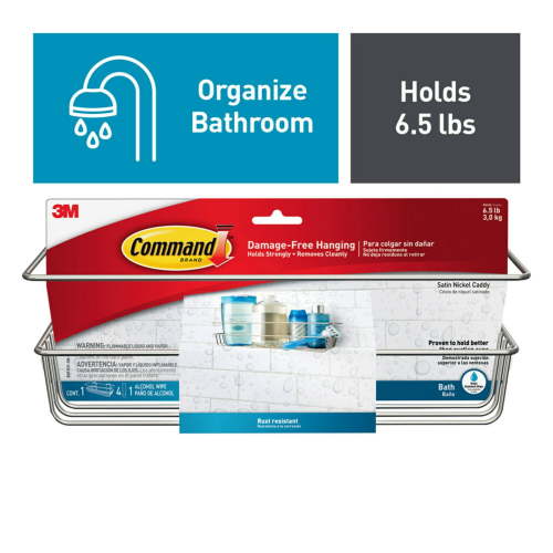 Command Bath Shower Caddy, Satin Nickel, 1 Caddy, 4 Water Resistant Strips, Bathroom Organization