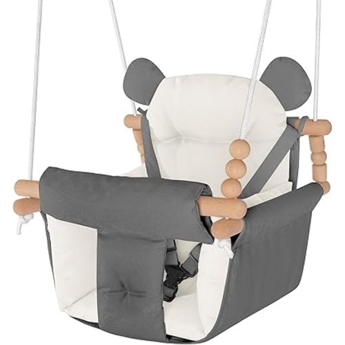 Baby Swing Indoor Outdoor,Secure Canvas Wooden Toddler Swing Seat, 3-Point Adjustable Safety Harness,Mounting Hardware Included,Gift for Boys and Girls,Grey and White