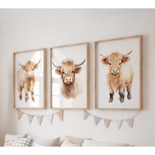 Set of 3 Highland Cow Prints, Farm Wall Art Set, Highland Cow Posters, Modern Art, Kids Bedroom Decor, Boy Nursery Decor, Playroom Prints