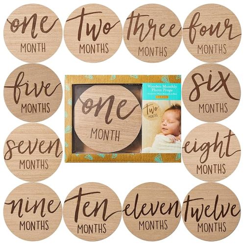 Kate & Milo Baby Monthly Milestone Marker Discs - Classic Cursive Script Wooden Discs with Reversible Photo Props for Baby Announcement and Milestones, Gender-Neutral Gift for Newborn Boy and Girl