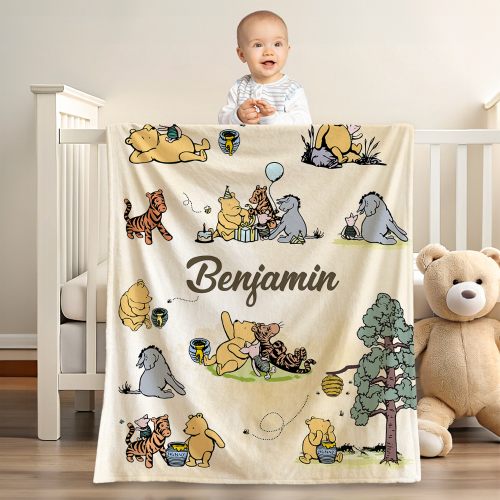 Personalized Classic Winnie the Pooh Illustration Soft Throw Blanket with Name Nusery Decor Birthday Baby Shower Gift for Newborns Boys Girls - CALLIE