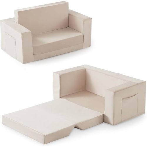 Kids Couch, 2-in-1 Toddler Chair Comfy 1-3 Years, Convertible Kids Chair, Toddler Couch That Fold Out, Kid Lounge Chairs for Boys and Girls Gifts, Kids Recline, Double, Beige