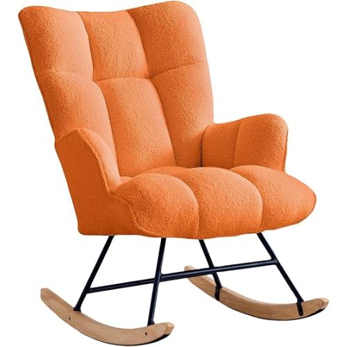 Rocking Chair Nursery Teddy Upholstered Glider Rocker Rocking Accent Chair Padded Seat with High Backrest Armchair Comfy Side Chair for Living Room Bedroom Offices (Orange Teddy)