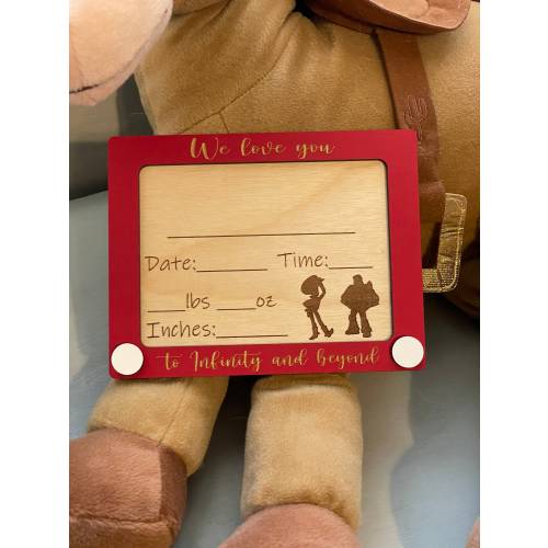 Toy themed birth stat photo prop announcement