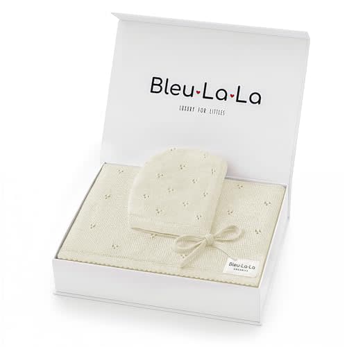 Bleu La La Baby Gift Set - Organic Cotton Newborn Blanket Essentials, Thoughtful Baby Shower & New Baby Gift for Boys & Girls (Pointelle - Butter Cream)