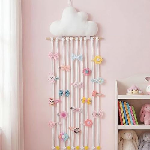 Long Bow Holder for Girls Baby White Clouds Hair Bows Clip Organizer 31.5 Inch Baby Hair Accessories Storage Display Hanging Decor for Girls Nursery Room Bedroom Living Room