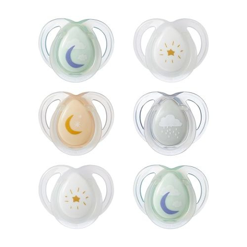 Tommee Tippee Nighttime Pacifiers, Glow in The Dark Pacifiers with Symmetrical Silicone Baglet, 0-6 Months, 6 Count (Pack of 1) - Blue Pastels