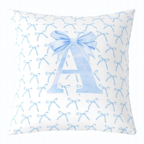 Cartoon Bowknot Kids Throw Pillow Cover,Blue Bow Tie Letter A Knot Princess Double Sides Pillow Case Girls Women,Watercolor Bow Patchwork Blue White Bed Couch Sofa Cushion Cover,Single Pack 16"x16"