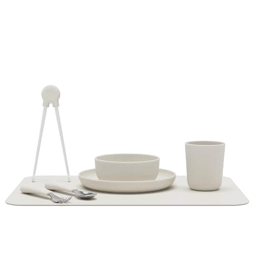 Lalo Big Bites Kids Dinnerware Full Set - Dishwasher Safe, BPA Free, Kids Tableware Set - Includes Stackable Bowl, Plate, Utensils & Cup - 7 Pieces - Oatmeal