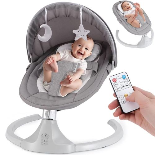 Portable Baby Swing,5 Speed Remote & Bluetooth 12 Preset Lullabies with Remote Control,3-Point Widening Harness,Infant Rocker for Breastfeeding Playtime,ASTM F2167 Certified (0-12 Months)