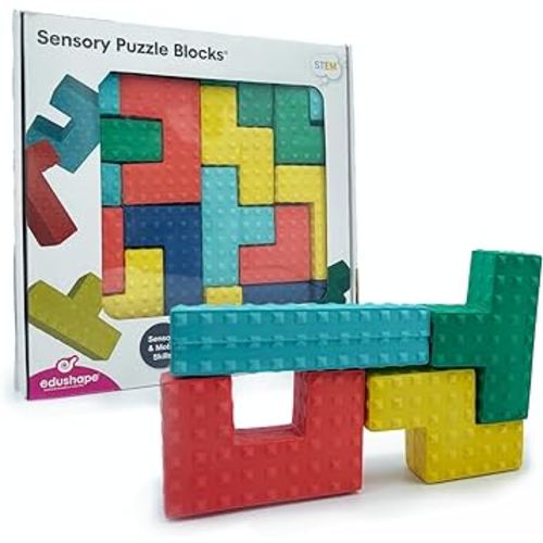Edushape Sensory Puzzle Blocks - Set of 18 Colorful Textured Interlocking Construction Stacking Blocks - Baby Blocks for Sensory Play and Child Development - Baby Building Blocks for Toddlers 1-3