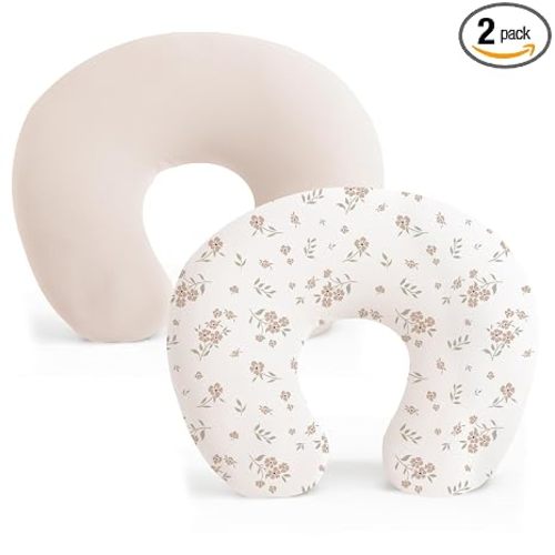 Konssy 2 Pack Nursing Pillow Covers, Soft Stretchy Cover for Breastfeeding | Covers Only, Milk Silk Fabric, Breathable & Machine Washable, Slipcovers for Newborn Baby Boy Girl, (Beige, Blossom)