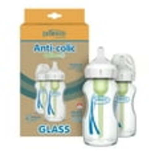 Dr. Brown's Anti-Colic Options+ Wide-Neck Glass Baby Bottle, 9 oz/270 ml, Slow Flow Nipple, BPA Free, 0m+, 2 Pack