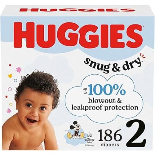 Huggies Size 2 Diapers, Snug & Dry Baby Diapers, Size 2 (12-18 lbs), 186 Count, Packaging May Vary