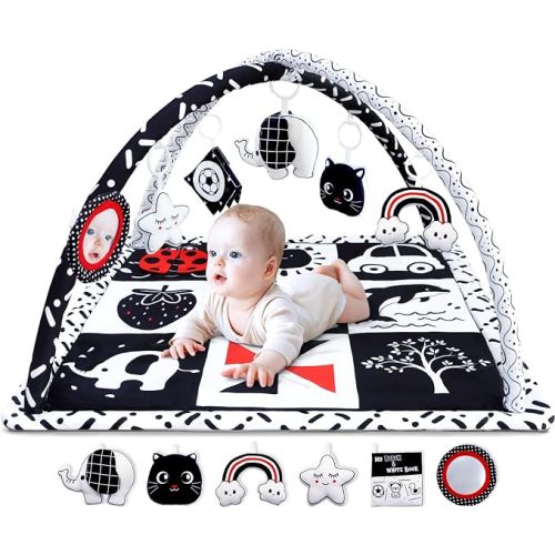 Black and White Baby Gym Play Mat with 6 Toys Tummy Time Activity Mat for Babies 0-6 6-12 Months High Contrast Baby Gyms & Playmats Sensory Toys Newborn Brain Development Infant Play Mat