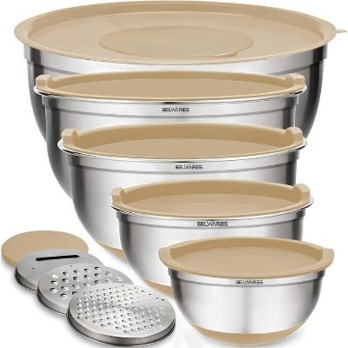 8-Piece Mixing Bowl Set with Airtight Lids - Stainless Steel Nesting Bowls with Grater Attachments & Non-Slip Bottoms, 5 to 1.5 QT, Khaki