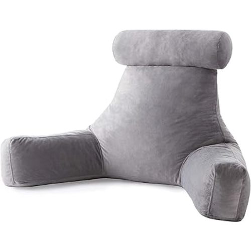 LINENSPA Reading Pillow with Shredded Memory Foam- Back Pillow for Sitting in Bed, Reading, Gaming, Watching TV – Chair Pillow with Arms, Dorm Room Essentials, Stone