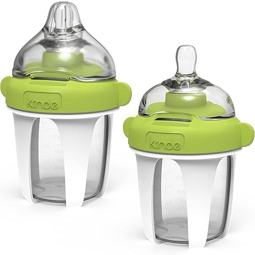 Kiinde Active Latch Silicone Baby Bottle, Anti Colic, Leak Proof, Easy to Clean, Includes 2 Medium Flow Active Latch Nipples with Covers, 4 Ounce, 2 Count, Green