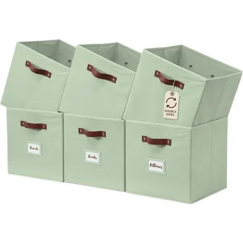 DECOMOMO Storage Bins | Cube Storage Bin with Label Holders, Fabric Storage Cubes for Organizing Shelves Closet Toy Clothes (10.5" x 11" / 6pcs, Sage Green)