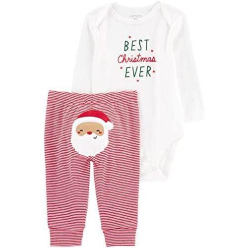 Carter's Winter Holiday 2-Piece Christmas My First Visit from Santa Bodysuit and Striped Pants with Embroidered Reindeer Set