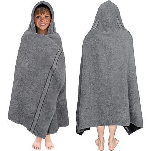 ORIGINAL KIDS Hooded Bath Towel Wrap - Ultra Soft 100% Cotton Terry Large Oversized Hooded Kids Towel with Border - Toddler Big Kid Shower Pool Beach - Soft Absorbent Quick Dry - 30x54 - Charcoal