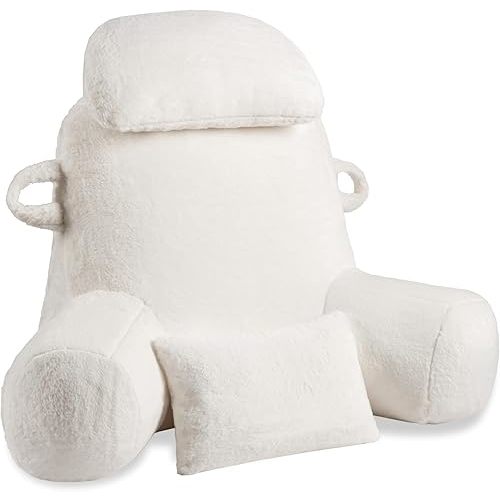 Reading Pillow, 32" X-Large Bed Pillow with Adjustable Neck Roll and Individual Cushion for Couch Adult Backrest Back Pillow, Cover Washable Sit up Pillow, Watching TV/Gaming (White)