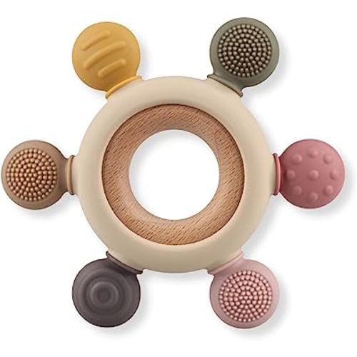 Baby Teething Toys, Silicone Chewable Rings with Organic Wooden, Natural Wooden Ring & Silicone Teething Toys for Newborn, 3+ Months (6 Directions, Khaki)