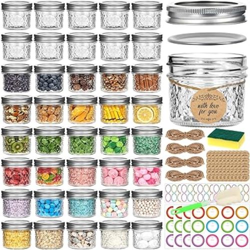 4 oz Glass Mason Jars breast milk storage with Airtight Silver Lids and Bands, 40-Pack with Stickers, Tags & Twines