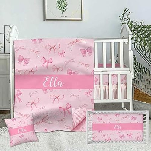 Custom Name Crib Bedding Set for Girls, Personalized 3 Piece Pink Bows Baby Crib Sets, Minky Dotted Backing Blanket, Fitted Sheet, Pillowcase, Nursery Crib Set for Newborn Toddler Infant